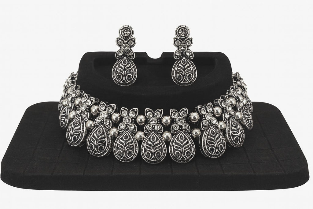Elegant Oxidised Silver Choker Set