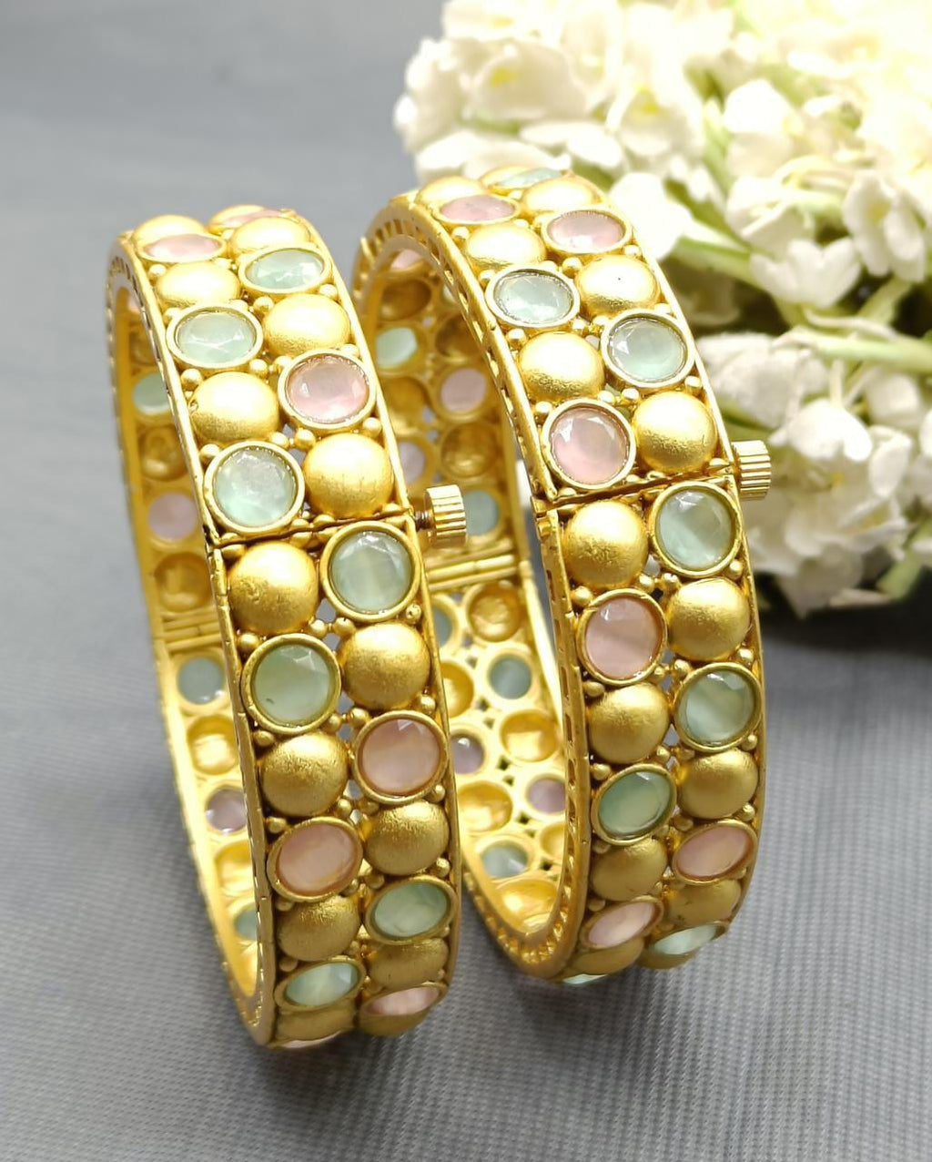 Mint Pink Antique Golden Bangles Sku 3079 D1