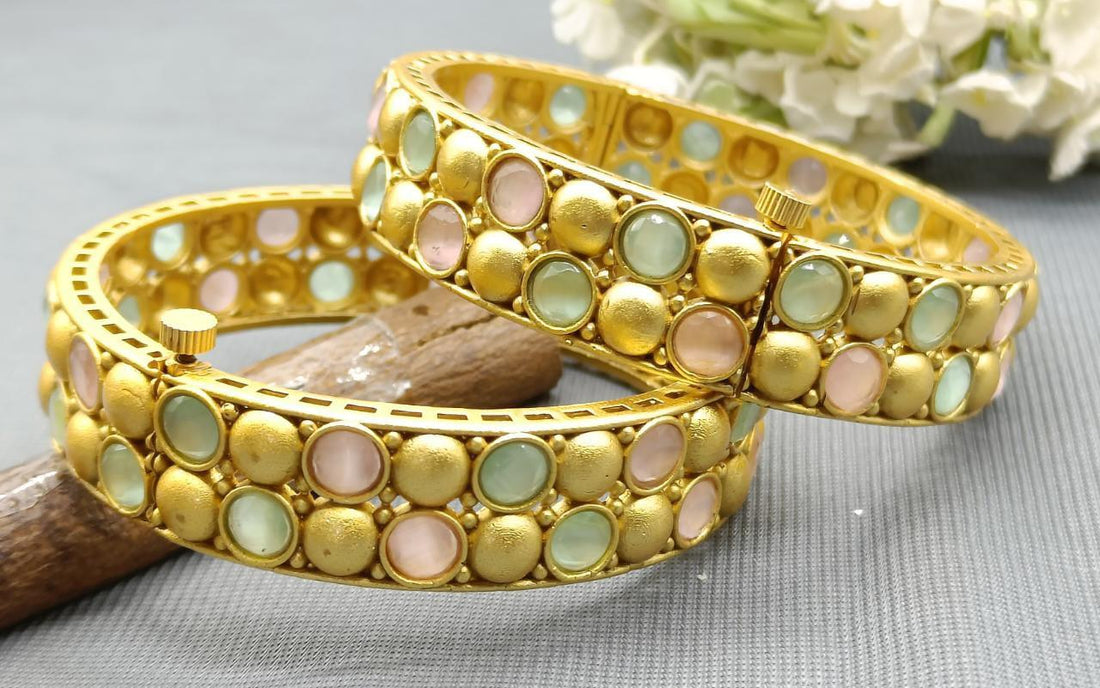 Mint Pink Antique Golden Bangles Sku 3079 D1